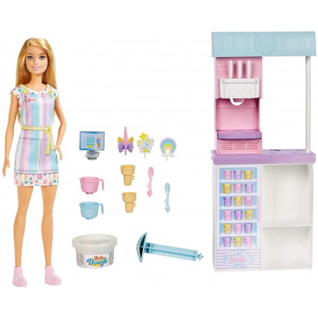 Barbie ‎HCN46 Playset Gelateria con Macchina per Gelato 2 Tipi di Pasta Modellabile Con Accessori Alta 30,4 cm