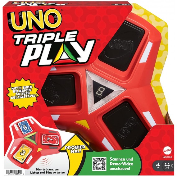 Mattel Games HCC21 UNO Triple Play Gioco di Carte con Porta-Carte Luci Led e Suoni