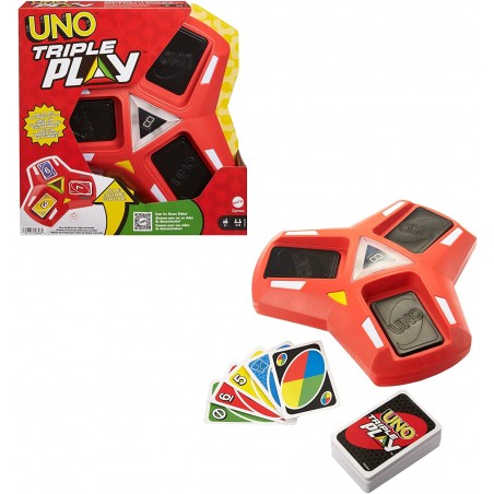 Mattel Games HCC21 UNO Triple Play Gioco di Carte con Porta-Carte Luci Led e Suoni