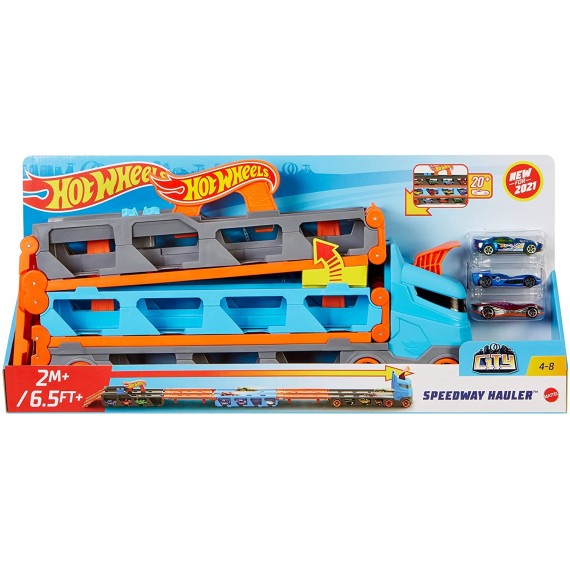 Hot Wheels GVG37 2in1 Camion Trasportatore e Pista con 3 Macchinine Hot Wheels GVG37 2in1 Camion Trasportatore e Pista con 3 Macchinine