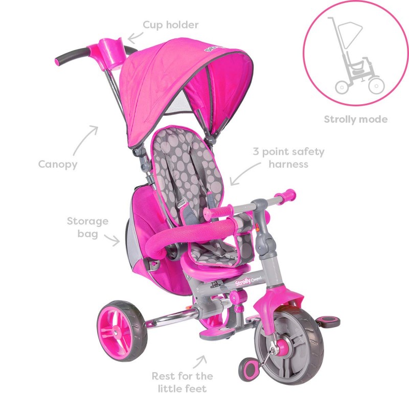 GIOCO TRICICLO PASSEGGINO CON MANIGLIONE E CAPPOTTINA 3 IN 1 STROLLY SPIN ROSSO
