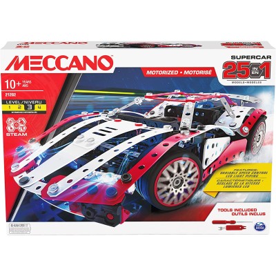 Meccano 6062054 Supercar motorizzata 25in1 con 347 pezzi, attrezzi e fari funzionanti