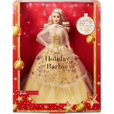 Mattel HJX04 Barbie Signature Magie delle Feste 2023 con abito satinato champagne, Mantella plissettata e accessori dorati