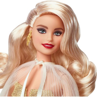 Mattel HJX04 Barbie Signature Magie delle Feste 2023 con abito satinato  champagne, Mantella plissettata e accessori