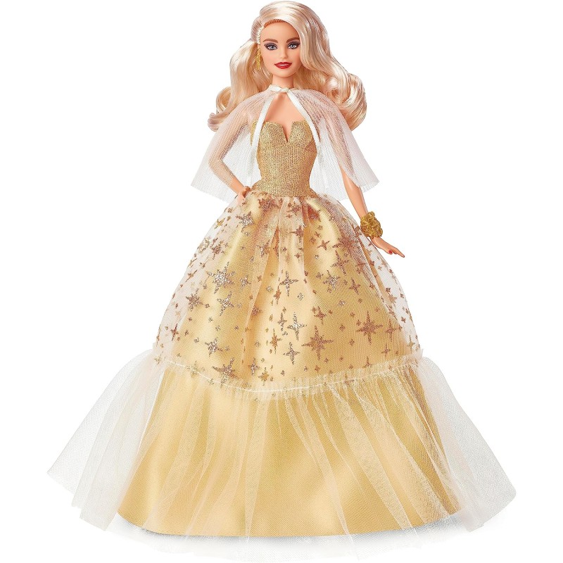 Mattel HJX04 Barbie Signature Magie delle Feste 2023 con abito satinato  champagne, Mantella plissettata e accessori dorati