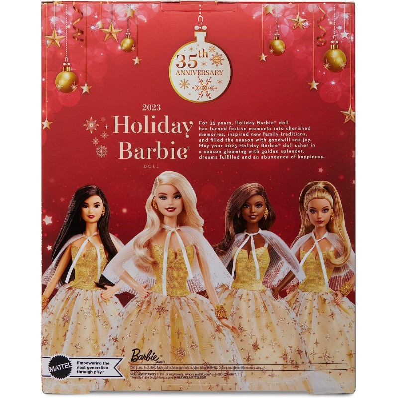 Mattel HJX04 Barbie Signature Magie delle Feste 2023 con abito satinato  champagne, Mantella plissettata e accessori dorati