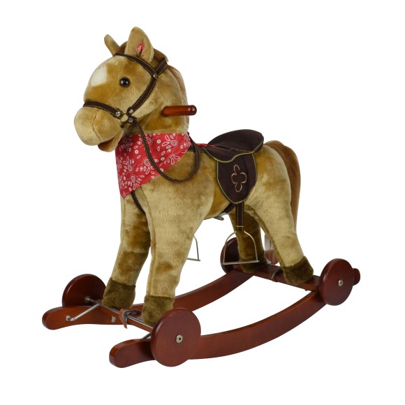 Cavallo a Dondolo per Bambini Cavalcabile in Legno e Peluche con Rotelle Suoni e Movimenti Realistici