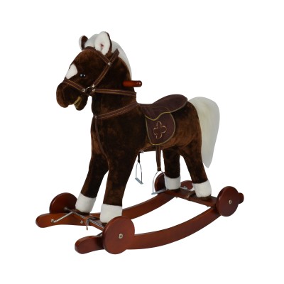 Cavallo a Dondolo per Bambini Cavalcabile in Legno e Peluche con Rotelle Suoni e Movimenti Realistici
