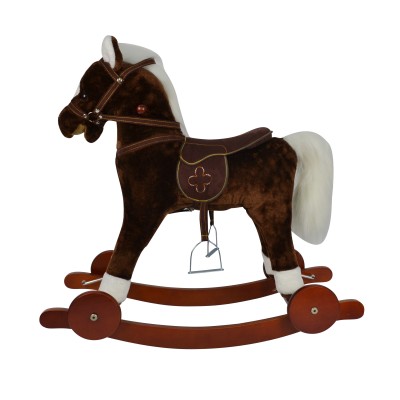 Cavallo a Dondolo per Bambini Cavalcabile in Legno e Peluche con Rotelle Suoni e Movimenti Realistici