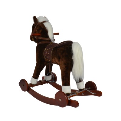 Cavallo a Dondolo per Bambini Cavalcabile in Legno e Peluche con Rotelle Suoni e Movimenti Realistici
