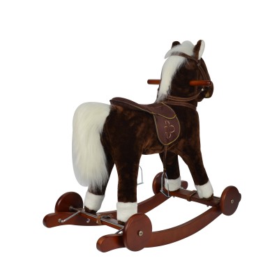 Cavallo a Dondolo per Bambini Cavalcabile in Legno e Peluche con Rotelle Suoni e Movimenti Realistici