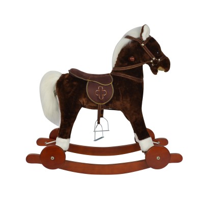 Cavallo a Dondolo per Bambini Cavalcabile in Legno e Peluche con Rotelle Suoni e Movimenti Realistici