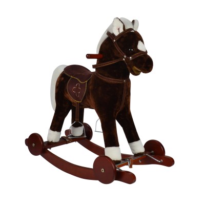 Cavallo a Dondolo per Bambini Cavalcabile in Legno e Peluche con Rotelle Suoni e Movimenti Realistici