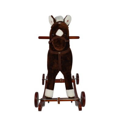 Cavallo a Dondolo per Bambini Cavalcabile in Legno e Peluche con Rotelle Suoni e Movimenti Realistici