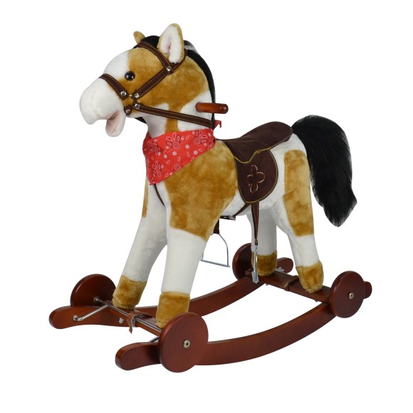 Cavallo a Dondolo per Bambini Cavalcabile in Legno e Peluche con Rotelle Suoni e Movimenti Realistici