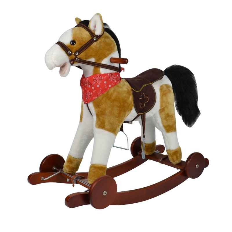 Cavallo a Dondolo per Bambini Cavalcabile in Legno e Peluche con Rotelle Suoni e Movimenti Realistici