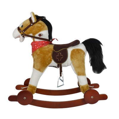 Cavallo a Dondolo per Bambini Cavalcabile in Legno e Peluche con Rotelle Suoni e Movimenti Realistici
