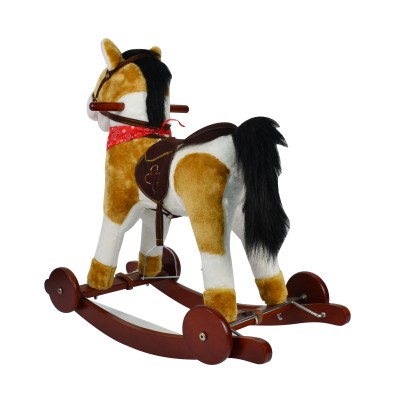 Cavallo a Dondolo per Bambini Cavalcabile in Legno e Peluche con Rotelle Suoni e Movimenti Realistici