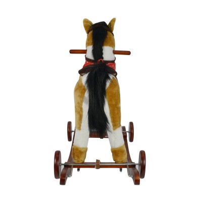 Cavallo a Dondolo per Bambini Cavalcabile in Legno e Peluche con Rotelle Suoni e Movimenti Realistici
