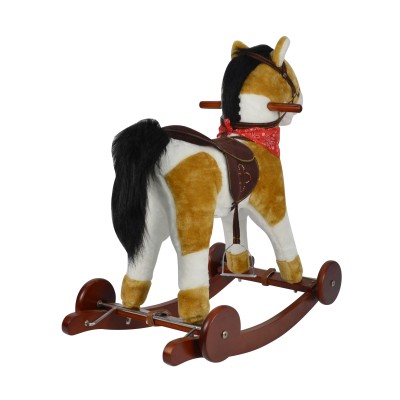 Cavallo a Dondolo per Bambini Cavalcabile in Legno e Peluche con Rotelle Suoni e Movimenti Realistici
