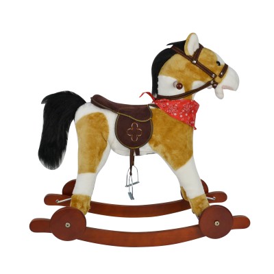Cavallo a Dondolo per Bambini Cavalcabile in Legno e Peluche con Rotelle Suoni e Movimenti Realistici