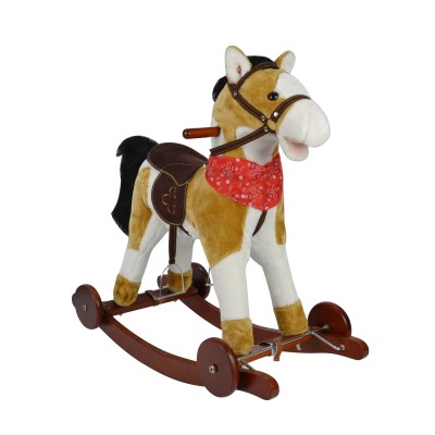 Cavallo a Dondolo per Bambini Cavalcabile in Legno e Peluche con Rotelle Suoni e Movimenti Realistici