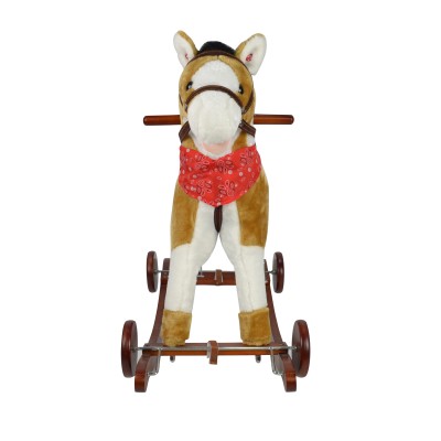 Cavallo a Dondolo per Bambini Cavalcabile in Legno e Peluche con Rotelle Suoni e Movimenti Realistici