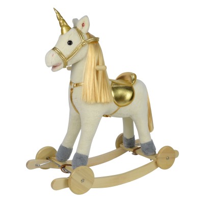 Cavallo a Dondolo per Bambini Cavalcabile in Legno e Peluche con Rotelle Suoni e Movimenti Realistici