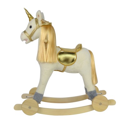 Cavallo a Dondolo per Bambini Cavalcabile in Legno e Peluche con Rotelle Suoni e Movimenti Realistici