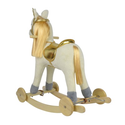 Cavallo a Dondolo per Bambini Cavalcabile in Legno e Peluche con Rotelle Suoni e Movimenti Realistici