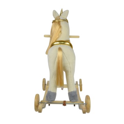 Cavallo a Dondolo per Bambini Cavalcabile in Legno e Peluche con Rotelle Suoni e Movimenti Realistici