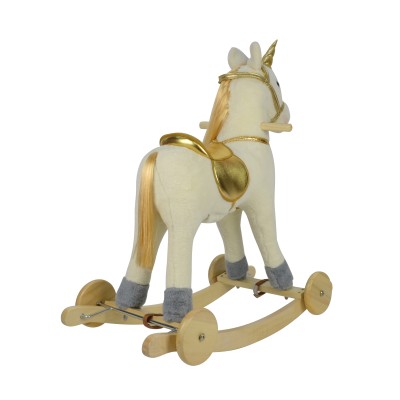 Cavallo a Dondolo per Bambini Cavalcabile in Legno e Peluche con Rotelle Suoni e Movimenti Realistici
