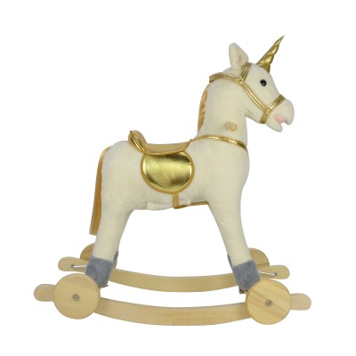 Cavallo a Dondolo per Bambini Cavalcabile in Legno e Peluche con Rotelle Suoni e Movimenti Realistici