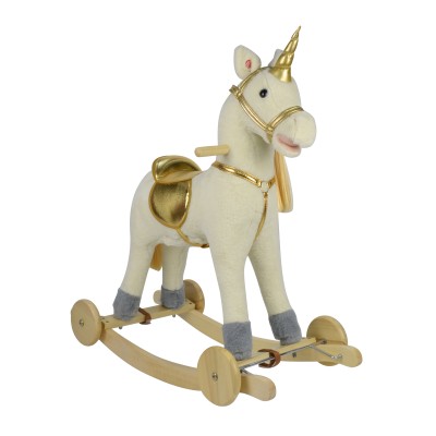Cavallo a Dondolo per Bambini Cavalcabile in Legno e Peluche con Rotelle Suoni e Movimenti Realistici