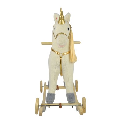 Cavallo a Dondolo per Bambini Cavalcabile in Legno e Peluche con Rotelle Suoni e Movimenti Realistici