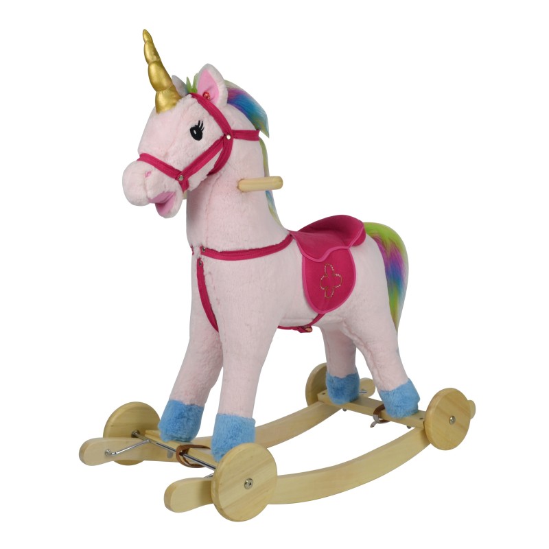 Cavallo a Dondolo per Bambini Cavalcabile in Legno e Peluche con Rotelle Suoni e Movimenti Realistici