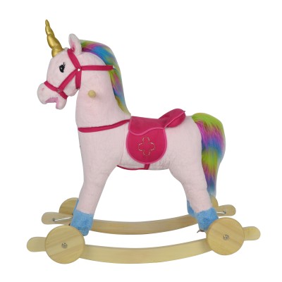 Cavallo a Dondolo per Bambini Cavalcabile in Legno e Peluche con Rotelle Suoni e Movimenti Realistici