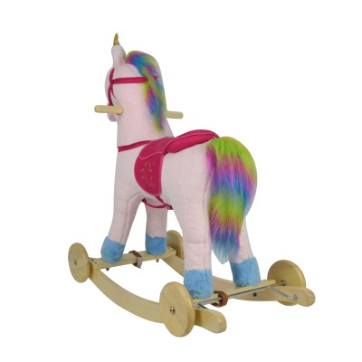Cavallo a Dondolo per Bambini Cavalcabile in Legno e Peluche con Rotelle Suoni e Movimenti Realistici