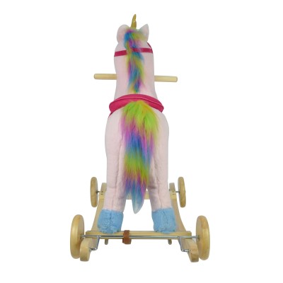 Cavallo a Dondolo per Bambini Cavalcabile in Legno e Peluche con Rotelle Suoni e Movimenti Realistici
