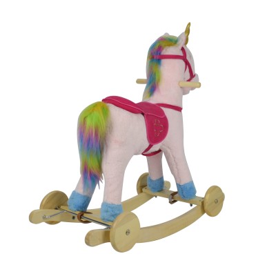 Cavallo a Dondolo per Bambini Cavalcabile in Legno e Peluche con Rotelle Suoni e Movimenti Realistici