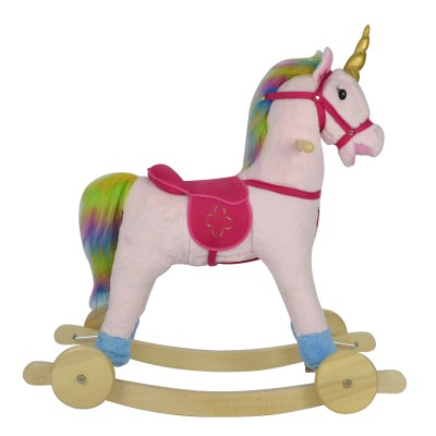 Cavallo a Dondolo per Bambini Cavalcabile in Legno e Peluche con Rotelle Suoni e Movimenti Realistici