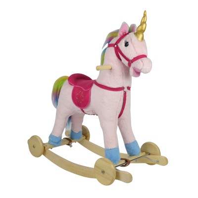 Cavallo a Dondolo per Bambini Cavalcabile in Legno e Peluche con Rotelle Suoni e Movimenti Realistici