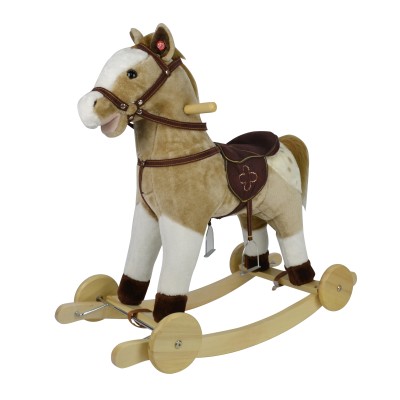 Cavallo a Dondolo per Bambini Cavalcabile in Legno e Peluche con