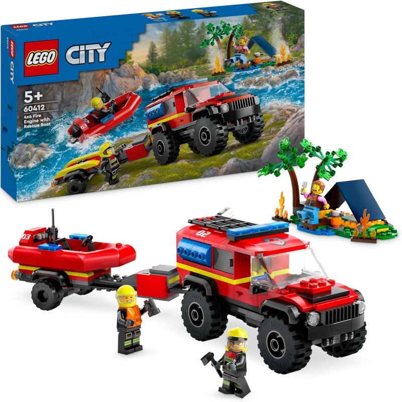 LEGO City 60412 Fuoristrada Antincendio e Gommone di Salvataggio Rimorchio  per Barca 2 Vigili del Fuoco e 1 Campeggiatore