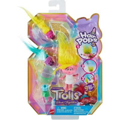 Mattel HNF11 Trolls 3 Hair Pops Viva dai capelli gialli con vestiti rimovibili e accessori a sorpresa