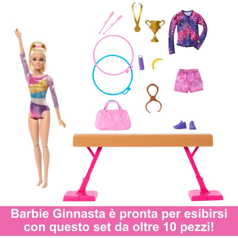 Mattel HRG52 Barbie Ginnastica Artistica con tuta per il riscaldamento,  fermo a C per le acrobazie e tanti accessori