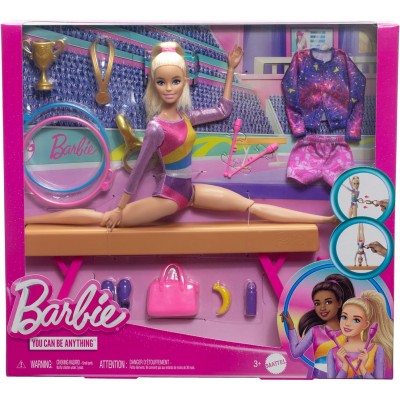 Mattel HRG52 Barbie Ginnastica Artistica con tuta per il riscaldamento,  fermo a C per le acrobazie