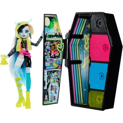Mattel HNF79 Monster High Segreti da Brivido Neon Frights Frankie Stein con abiti armadietto e tanti accessori Color Reveal