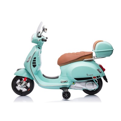 Moto Elettrica Scooter Per Bambini VESPA GTS SUPER 12V con Bauletto MP3 Luci a Led Sedile in Pelle Full Optional