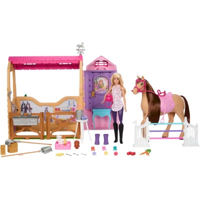 Mattel HXJ44 Barbie Playset Stalla con bambola e cavallo 6 aree di gioco e 25 accessori inclusi